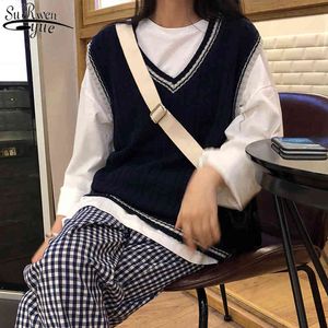 Autumn and Winter Korean Preppy Style Linen Solid Color Sleeveless Pullovers Womens V-neck All-match Sweater Vest 10971 210508