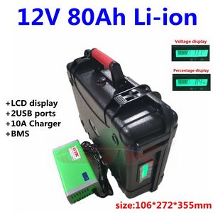 12V 80AH Lithium Li Ion Batteripack 100a BMS för elektrisk fiskebåt USB Solenergilagringsbatteri + 10A laddare