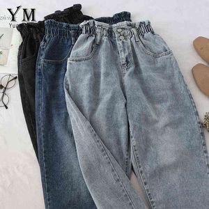 Yuoomuoo högkvalitativ mjuk vintage pojkvän jeans för kvinnor elastisk midja mamma svart hajuku långa denim byxor 211129