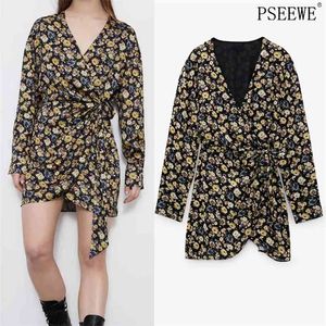 Vintage Black Floral Print Short Jumpsuit Dress Women V Neck Wrap Tied Fall Long Sleeve Elegant Ladies Jumpsuits 210519