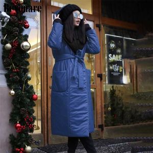 Beyouare Winter verdicken Baumwolle Frauen übergroße Mitte der Wade Kapuzenjacke solide schlanke Schärpen Taschen lose elegante weibliche Mantel 211216