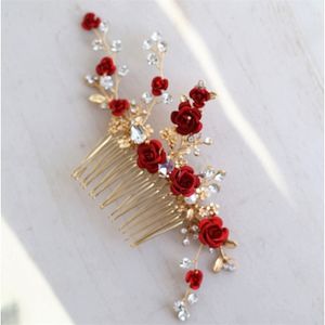 Jonnafe Red Rose Floral Headpiece Dla Kobiet Prom Bridal Hair Grzebień Akcesoria Handmade Biżuteria Ślubna 220125