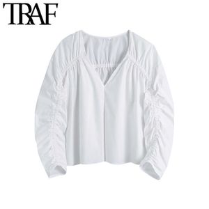Women Fashion With Gathering Cropped White Blouses Vintage V Neck Three Quarter Sleeve Female Shirts Chic Tops 210507