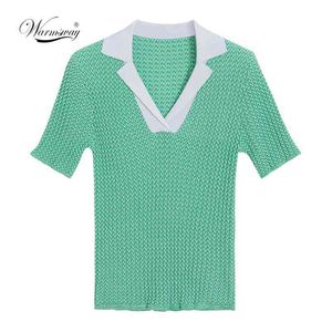 Knit Green Top Women Fashion Summer Turn Down Collar Short Sleeve Pullover Thin Knitted Vintage T Shirt B-074 210522