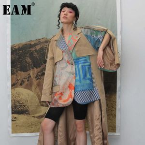 [Eam] Mulheres Bateu Cor Duas Peças Falsas Imprimir Trench Lapela Manga Longa Loose Windbreaker Moda Primavera Outono 1B739 210812