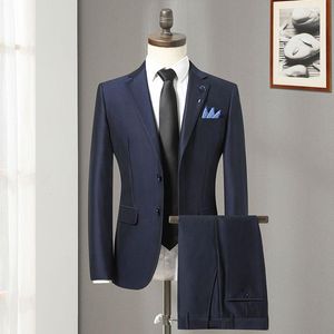 Mode Men Business Suit Two Buttons 2 Pieces Classic Mane Suits Blazers Navy With Pants Tuxedos Groom Wedding Men's