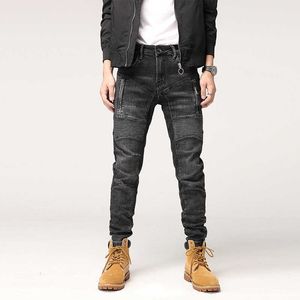 Street Style Fashion Men Jeans Retro Black Gray Elastic Slim Fit Biker Spliced Designer Hip Hop Denim Punk Pants