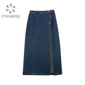 Kvinnor Midi Denim Skirt Höstgatan Slitage Koreansk Fritid Hög Midja En Linje Penna Row Hem Split Front Long Jeans Skirt 210417