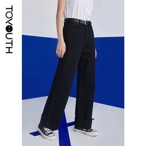 Toyouth mulheres jeans outono alta cintura larga perna denim calças cor sólida amarelo preto calças chiques 210922