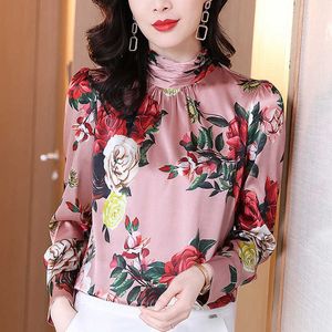 Kore ipek bluz kadın saten baskı s shirt uzun kollu tops artı boyutu kadın gömlek s 210604
