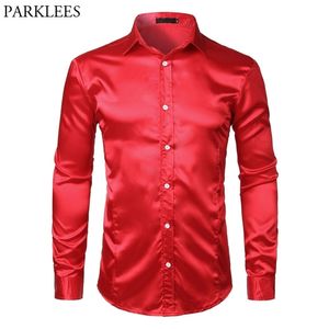 Mäns Slim Fit Silk Satin Dress Shirts Bröllop Brudgummen Stage Prom Män Långärmad Knapp Ned Male Chemise Homme Red 210721