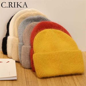 Real Rabbit Fur Winter Hats for Women Fashion Solid Beanie Girl Outdoor Warm Knitted Hat Cashmere Wool fluffy Bonnet 211119