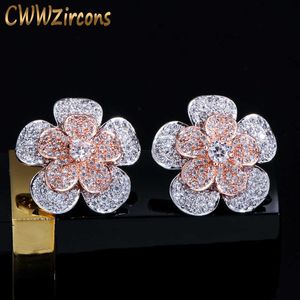 Full Cubic Zirconia Rose Gold Silver Color Big Geometric Flower Stud Earring Women Fashion Brand Ear Jewelry CZ414 210714