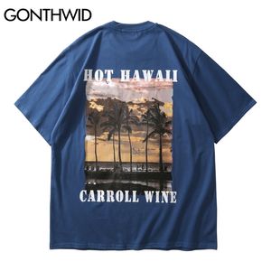 Harajuku Tees Shirts Coconut Tree Print Short Sleeve Tshirts Streetwear Mens Hip Hop Casual Cotton T-Shirt Summer Tops 210602