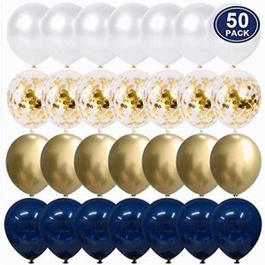 50 ADET 12 Inç Donanma Mavi Altın Konfeti Balonlar Set Metalik Altın Inci Beyaz Balonlar Düğün Doğum Günü Partisi Süslemeleri 211216