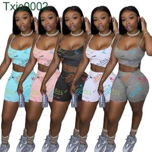 Verão Mulheres Tracksuit 2 Piece Conjunto Shorts Outfits Carta De Designer PrintsCasuais Roupas Mulheres Sexy Suspensórios Tops Suit Plus Size 837