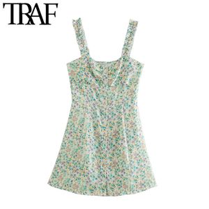 Traf Women Chic Fashion Floral Print Button-Up Mini Dress Vintage Wide Elastic Stems Ruffle Trims Female Dresses Mujer 210415