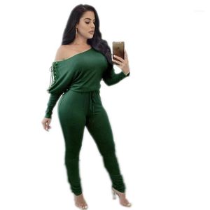 Women's Jumpsuits & Rompers Women Off Shoulder Batwing Sleeve Hollow Out High Waist Thin Lace Up Jumsuit Casual Jumpsuit For Ladies Female 2