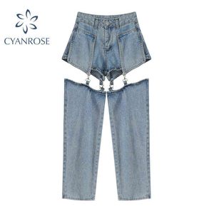 Streetwear Jeans Woman High Waist Vintage Fashion Patchwork Denim Pants Female Summer Harajuku Loose Wide Leg Trousers 211129