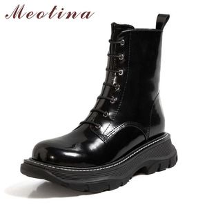 Meotina Mulheres Botas de Motocicleta Sapatos Genuíno Plataforma de Couro Flats Ankle Botas Zipper Cruz Amarrado Botas Curtas Quentes Inverno Preto 210608