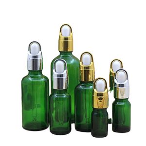 Green Glass Essential Oil Bottle Gold Silver Basket Lid White Rubber Dropper Vials Cosmetic Packaging Container Filling Bottles 5ml 10ml 15ml 20ml 30ml 50ml 100ml