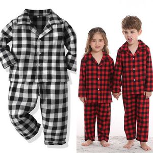 Barn småbarn buffelplädkontroll pyjamas set retro svart vit röd pyjama pojkar flickor långärmad rutnät skjorta lapel topp och byxor sömnkläder 2 stycke kläder set gg8910