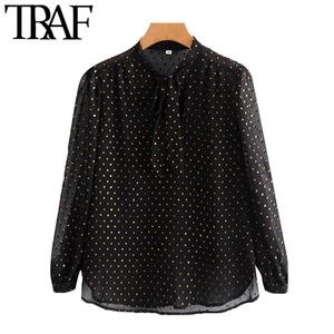 TRAF Women Fashion Semi-Sheer Bow Tied Dot Chiffon Blouses Vintage Long Sleeve With Lining Female Shirts Chic Tops 210415