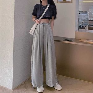 MINGLIUSILI Stile Coreano Pantaloni Larghi del Piedino Delle Donne di Modo di Estate Grigio Pantaloni Della Tuta A Vita Alta Allentato Casual Solid Jogging 211115