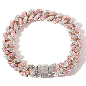 Bangle 6-8inch 12mm MicroInlaid Pink-White Cyrkon Miami Kubańskie wsporniki Bling Hip Hop Biżuteria Moda Charm Bransoletki dla mężczyzn