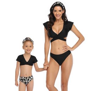 Kadın Biniki Flutter Sleeve Mommy Kızı Mayo Çocuklar Çocuklar Için Set Leopar Yaz Aile Tatil Kıyafet 210529