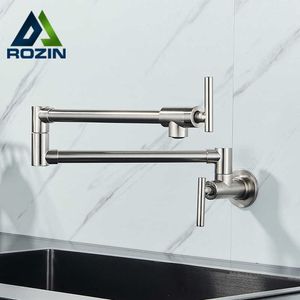 Krukfyllnadsbord Dubbel Joint Spout Folding TeugNable Swing Arm Wall Brass Kök Kran Singelhål Två Handtag Kök Sink Kran 210724