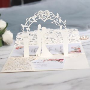 (10 pieces lot) 3D Pop Up Bride And Groom White Wedding Invitation Card Laser Cut Pocket Floral Engagement Invitations IC052