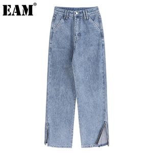 [Eam] Hög midja Blå Denim Wide Leg Slit Långbyxor Lös Fit Byxor Kvinnor Mode Vår Höst 1DD5848 210512