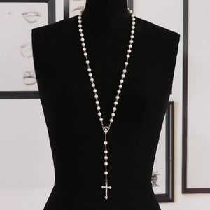 ファッション手作り真珠ビーズロザリオチェーンカトリックペンダントネックレスクロス宗教ネックレス
