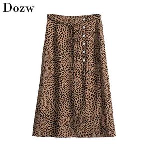 Kobiety High Street A Line Leopard Spódnica Przyciski Dekoruj Długość Kolana z Sashes Waist Moda Lady Faldas Mujer 210515