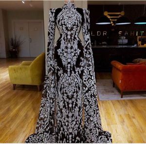 Aftonklänning Kvinnor Tyg High Neck Long Sleeve Mermaid Black EmbroideryLong Dress Kim Kardashian Kylie Jenner YouSef Aljasmi Cannes Film Festival