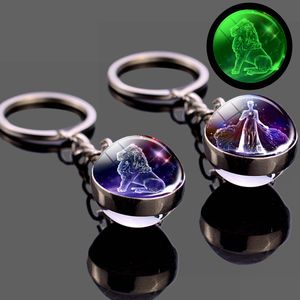 12 Constellation Luminous Keychain Glow In The Dark Glass Ball Pingente Zodiac Key Chain Holder Gifts for Men Women Lovers Friend