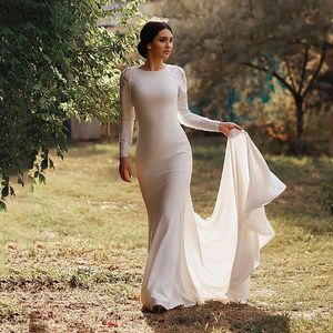 Abiti da sposa a sirena in raso morbido semplice Maniche lunghe Appliques in pizzo Abito da sposa Chiuso indietro Abiti da festa di nozze musulmani Robe De Mariee