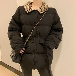 Varm svart Patchwork Leopard Sashes Vinter Kvinnor Casual Jacket Fresh Tjock Outwear Slender Chic Lösa Korta Jackor 210421