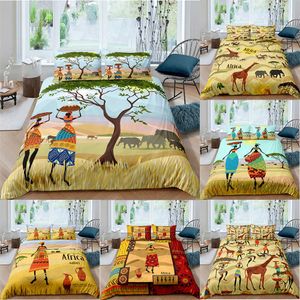 Zeimon Africa Duvet Cover Set Retro Exotisk sängkläder Tribal Kvinna Quilt Queen Red Orange Bed Geometric Home Textiles 210615