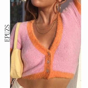 Tatlı Pembe Örme Hırka Kadınlar Bitki Kazak Düğmesi Streetwear Seksi Jumper Kısa Kollu V Yaka Kore Bayan Kazak 210521