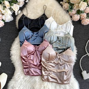 Singreiny Kadınlar Retro Kadife Camiş Seksi Kolsuz Backless Dantelli İnce Kısa Tank Top Yaz Kapalı Omuz Katı Kayış Y2K Tops 210419