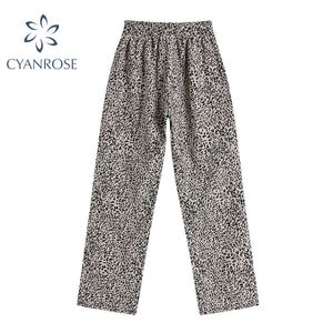 Leopardo largo perna calça mulheres streetwear cintura alta elástica retro harajuku calças moda casual e-girl y2k calça reta 210417