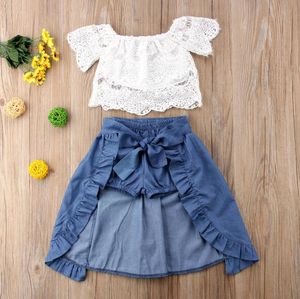 3 pçs / set kids baby girl lace off-ombro t-shirt de cor sólida tops + calças curtas + saia roupas roupas verão