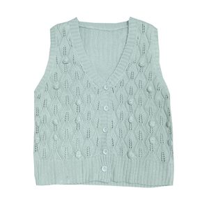 Kobiety Kamizelka Sweter V Neck Mint Beigesolid Knitted Single Breated Bez Rękawów Jesień Zima 3d Włosów M0160 210514