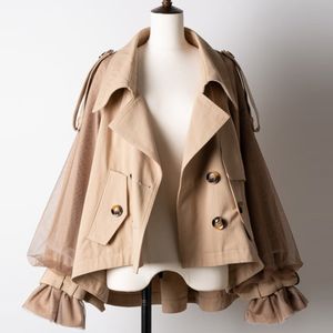 Duplo Breasted Lapel Malha De Gaze Manga Trench Casacos Mulheres Outono Inverno Estilo Japonês Designer Doce Temperamento 210510