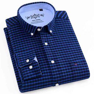 Men's Checkered Button-down Long Sleeve Oxford Shirts Pocket Comfortable Regular-fit Contrast Plaid/Striped Printed Casual Shirt 210708