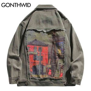 Gonthwid House Imprimir Patchwork Denim Jackets Streetwear Mens Hip Hop Harajuku Casual Jeans Jaqueta Casacos Moda Tops 210811