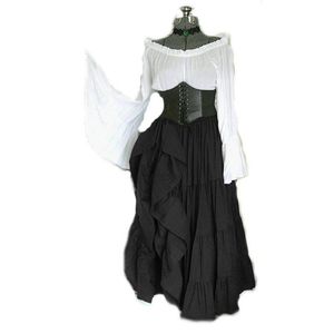 Casual Dresses Gothic Black Medieval Maxi Dress Women Vintage Shoulder Horn Sleeve Oregelbundet goth midja