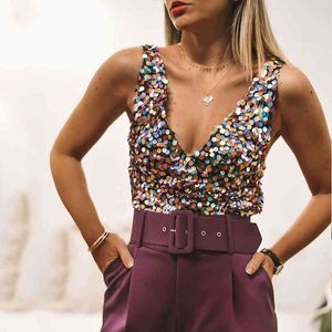 Colorful Sequin Blouse Shirt Sexy Club Camis Tank V Neck Crop Top Short Tops Blouse Shirts Summer glitter tops 210415